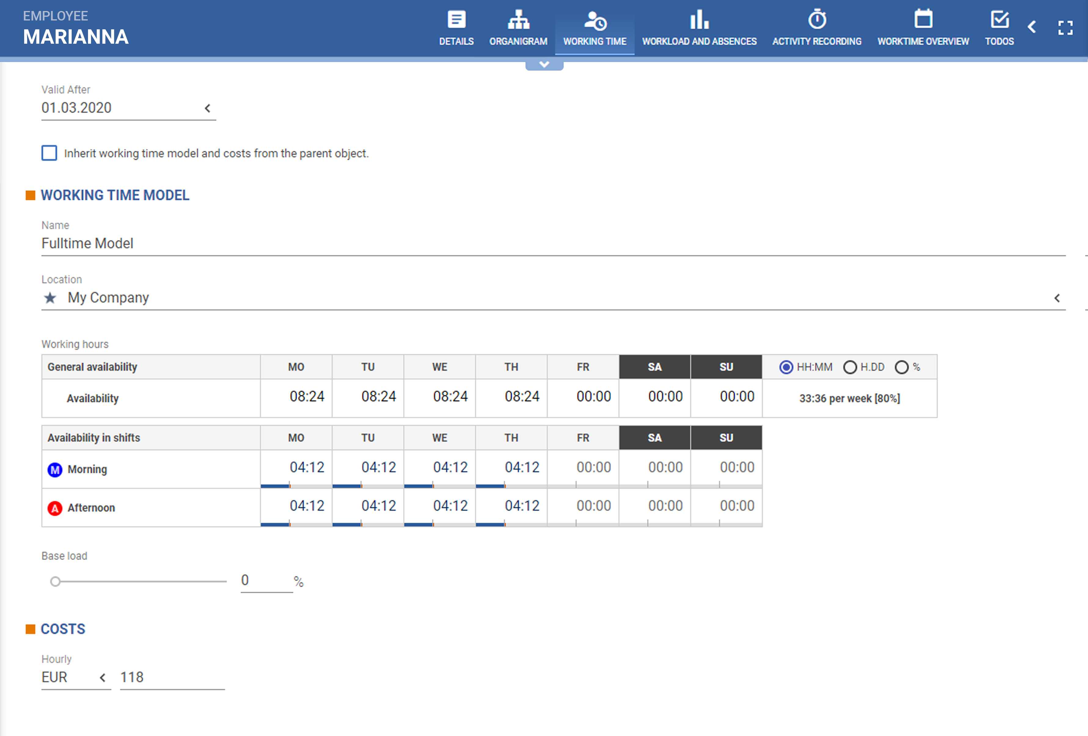 PQFORCE Working time model view, where a table with other indicators let you edit the company's shared working times