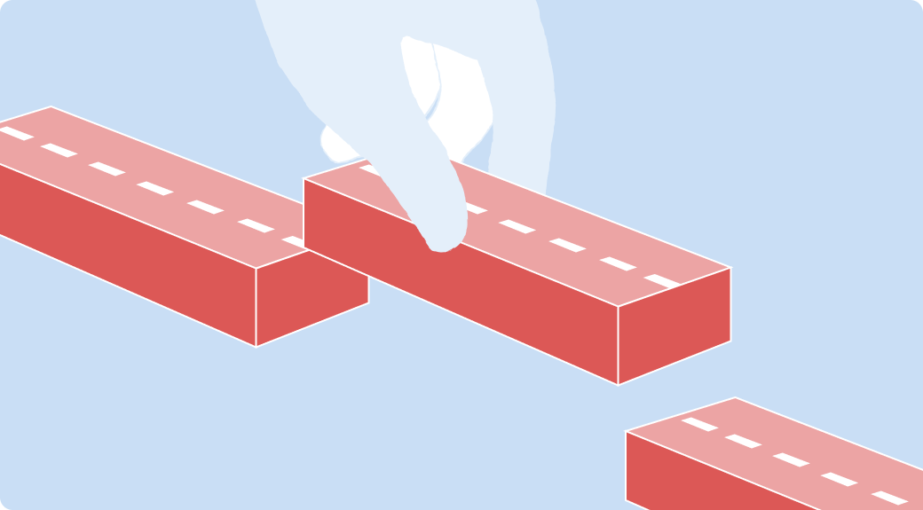 An illustration showing a hand placing a building block that resembles a road segment, symbolizing strategic planning and connecting project phases within a workflow.