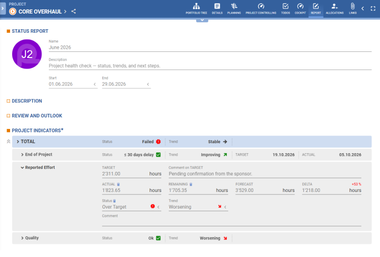 screenshot of the Reports view in pqforce, that allows to produce automatic and standardised status reports