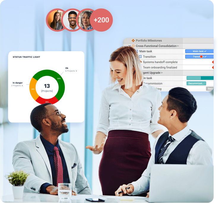 A picture of three colleagues doing a business meeting, with illustration of graphs overlaying the subjects